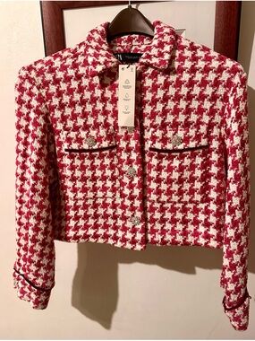 Zara Pink and White Tweed Houndstooth Jacket